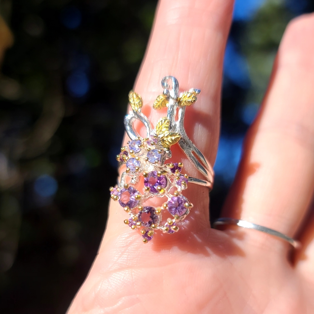 Amethyst & Topaz floral sterling & gold finger cuff sz7.75 - Picture 5 of 12